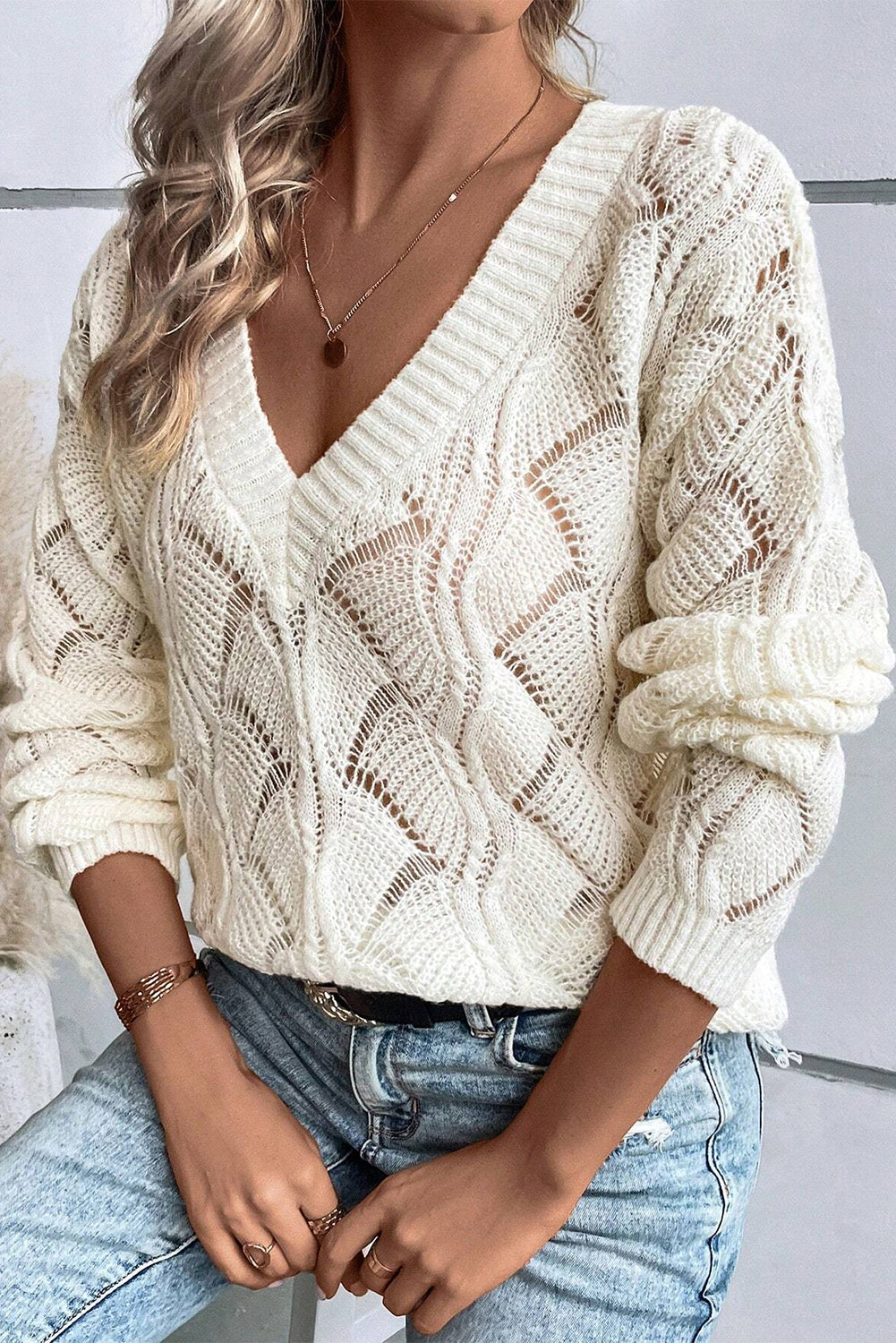 Shell Knit V Neck Drop Shoulder Sweater