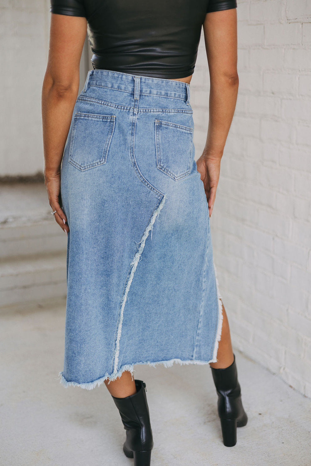 Slitted Denim Midi Skirt