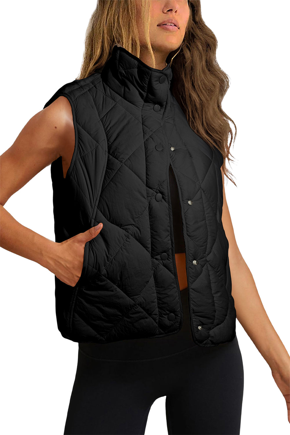 Black Quilted High Neck Button Up Pocket Vest Coat