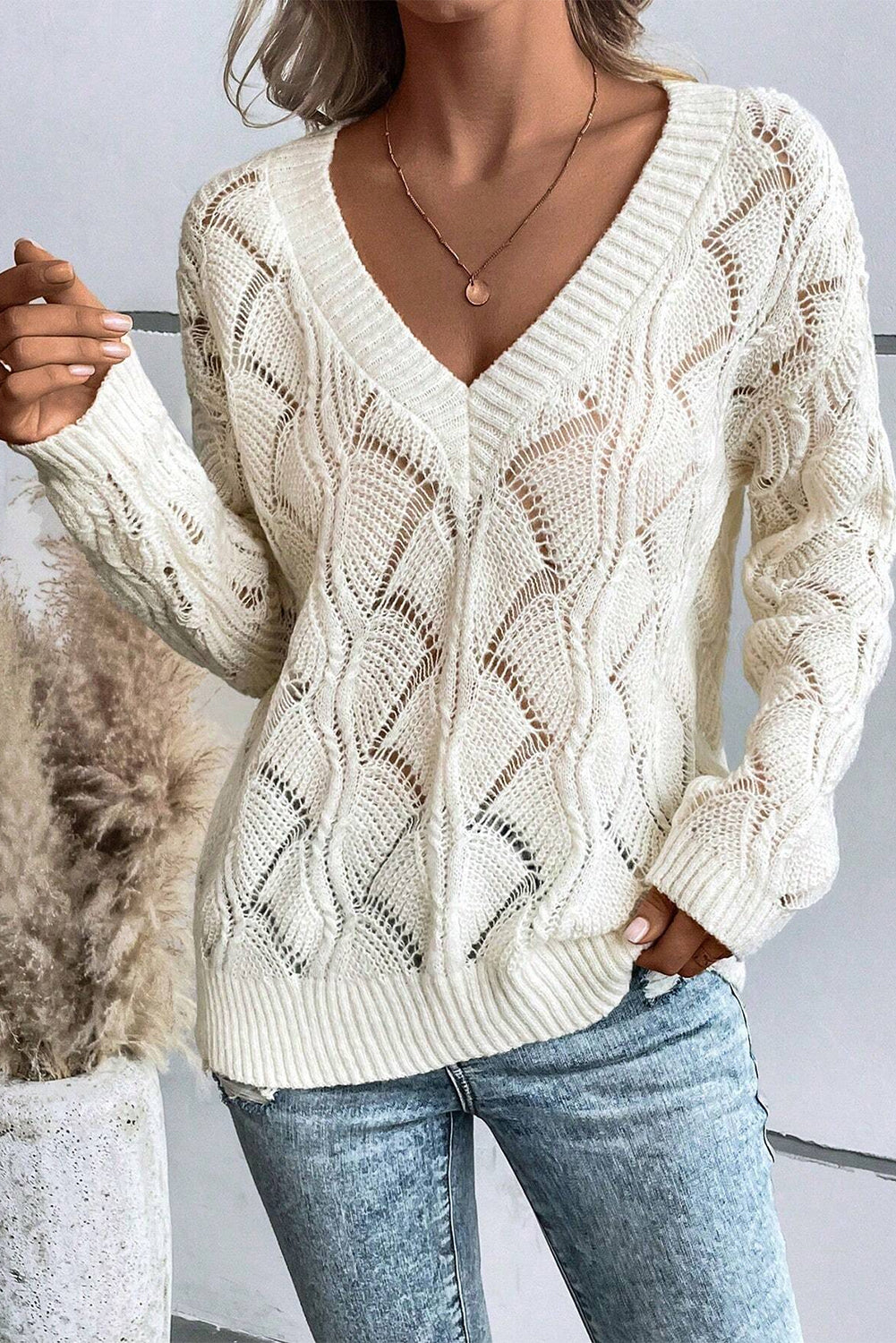 Shell Knit V Neck Drop Shoulder Sweater