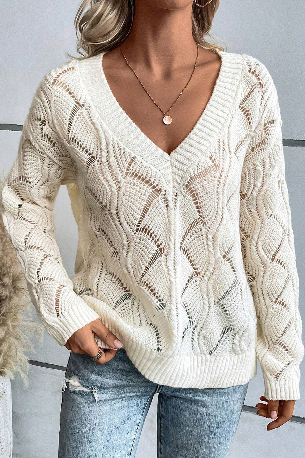 Shell Knit V Neck Drop Shoulder Sweater