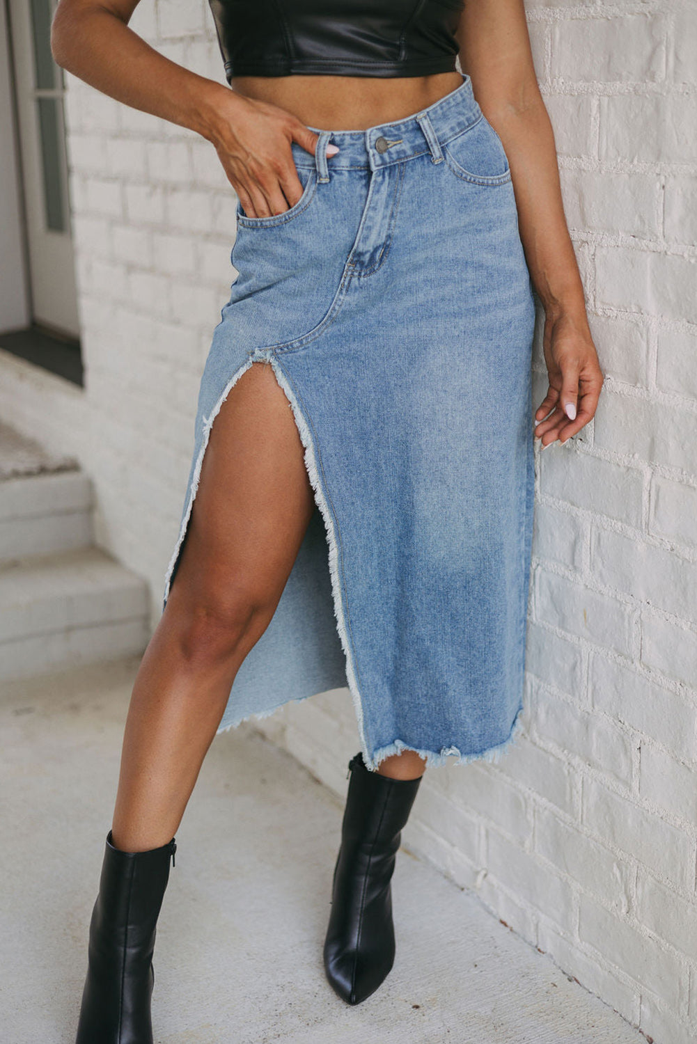 Slitted Denim Midi Skirt